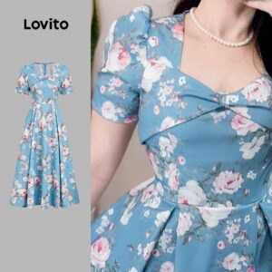 Vestido Longo Floral Rosa e Azul Elegante