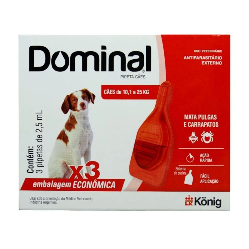 Pipeta Dominal Pulgas e Carrapatos C?es 1 Dominal Pipeta Para Cães de 10,1 a 25 Kg 3x Pipetas de 2ML