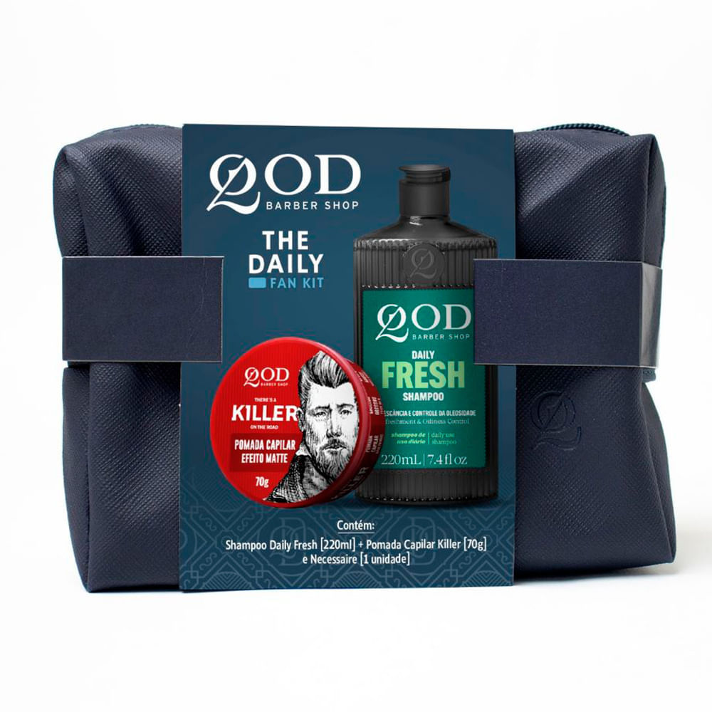Shampoo + Pomada QOD Barber Killer Kit 1 Shampoo QOD Barber Daily Fresh 220ml e Pomada Capilar Killer 70g com Nécessaire