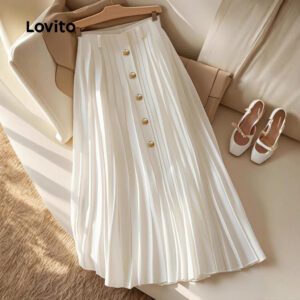 Saia Plissada Elegante Botões Lisos