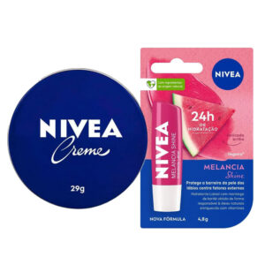 Kit Nivea Care Creme Hidratante Latinha Azul 29g + Hidratante Labial Melancia Shine 4,8g