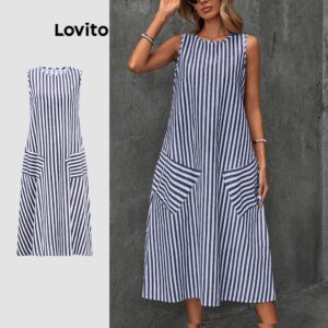 Vestido Listrado Casual Feminino com Bolso