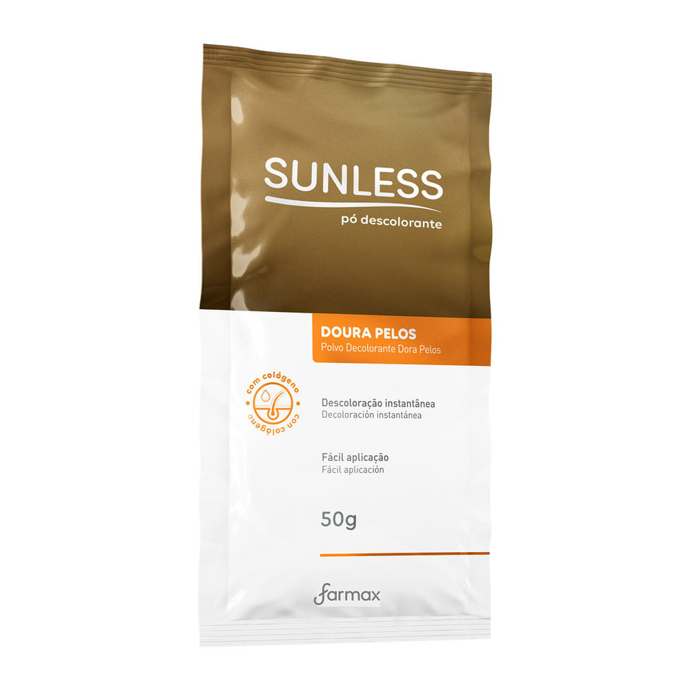 Descolorante Sunless Doura Pelos 50g 1 Embalagem do Descolorante Sunless Doura Pelos 50g, mostrando a caixa azul e branca com detalhes dourados, e o kit completo de descoloração com pó e água oxigenada, prontos para uso.