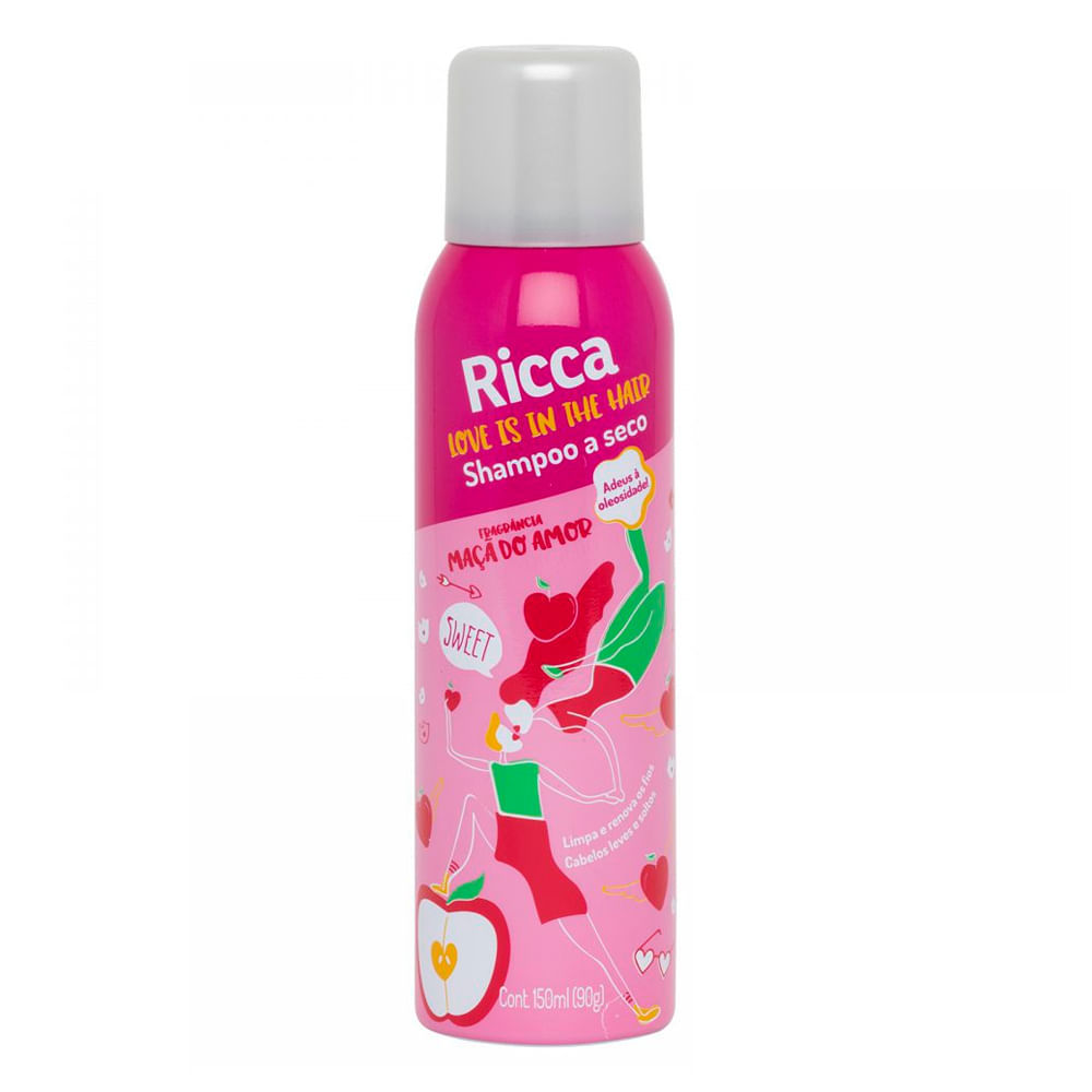 Frasco do Shampoo a Seco Ricca Maçã do Amor de 150ml, com embalagem predominantemente branca e detalhes em vermelho e rosa, ilustrando uma maçã do amor estilizada, sobre um fundo neutro.