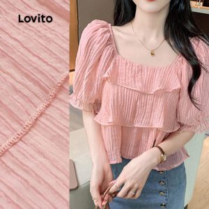 Blusa Casual de Babados e Jacquard Rosa