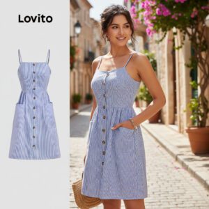 Vestido Casual Listrado Azul Feminino