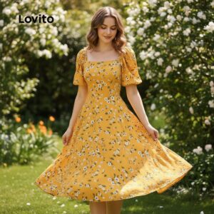 Vestido Boho Floral Amarelo Plissado