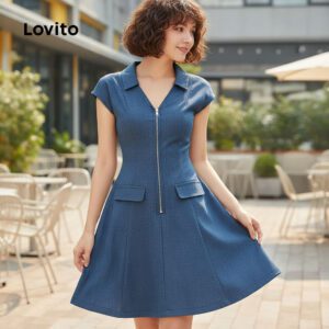 Vestido Feminino Elegante Azul Zíper Primavera/Verão