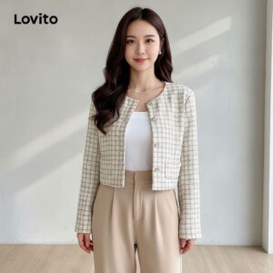 Casaco Feminino Xadrez Pérolas Elegante