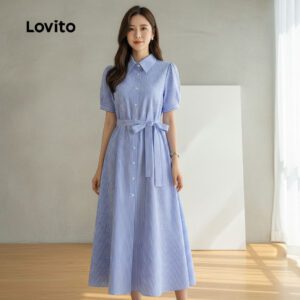 Vestido Casual Listrado Azul Feminino