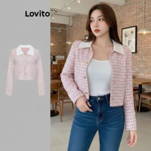 Jaqueta Feminina Xadrez Gola Contrastante