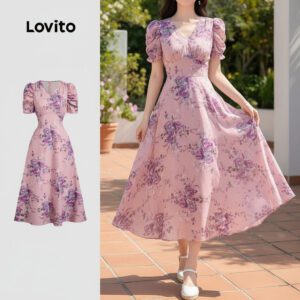 Vestido Estruturado Elegante Floral Cinza e Roxo