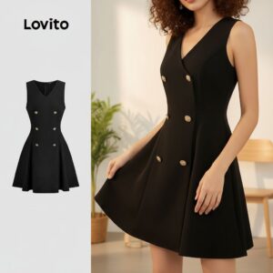 Vestido Elegante Preto Liso - Botão Frontal