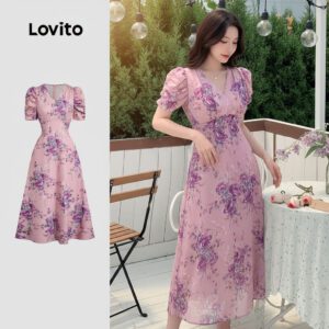 Vestido Estruturado Elegante Floral Cinza e Roxo