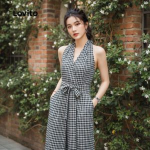 Macacão Elegante Gingham Gravata Frontal