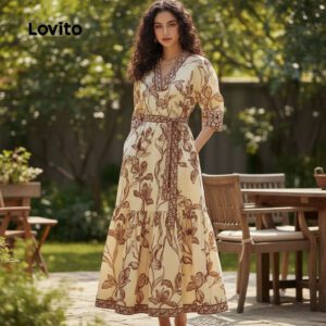 Vestido Floral Elegante Marrom Verão/Primavera