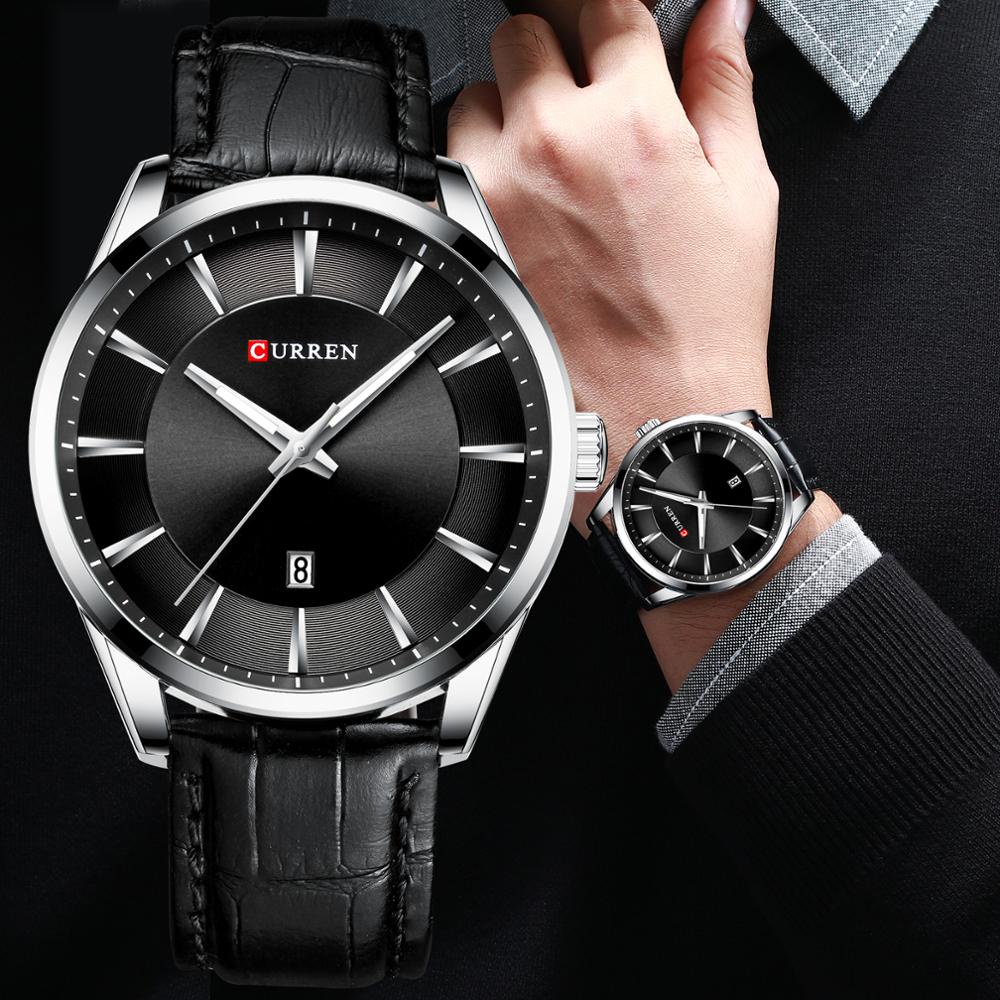 CURREN Relógio de Pulso Masculino CR65LX com mostrador preto, ponteiros luminescentes, marcadores em branco e detalhes em vermelho, pulseira de couro marrom e caixa de liga metálica, exibido em um fundo neutro.