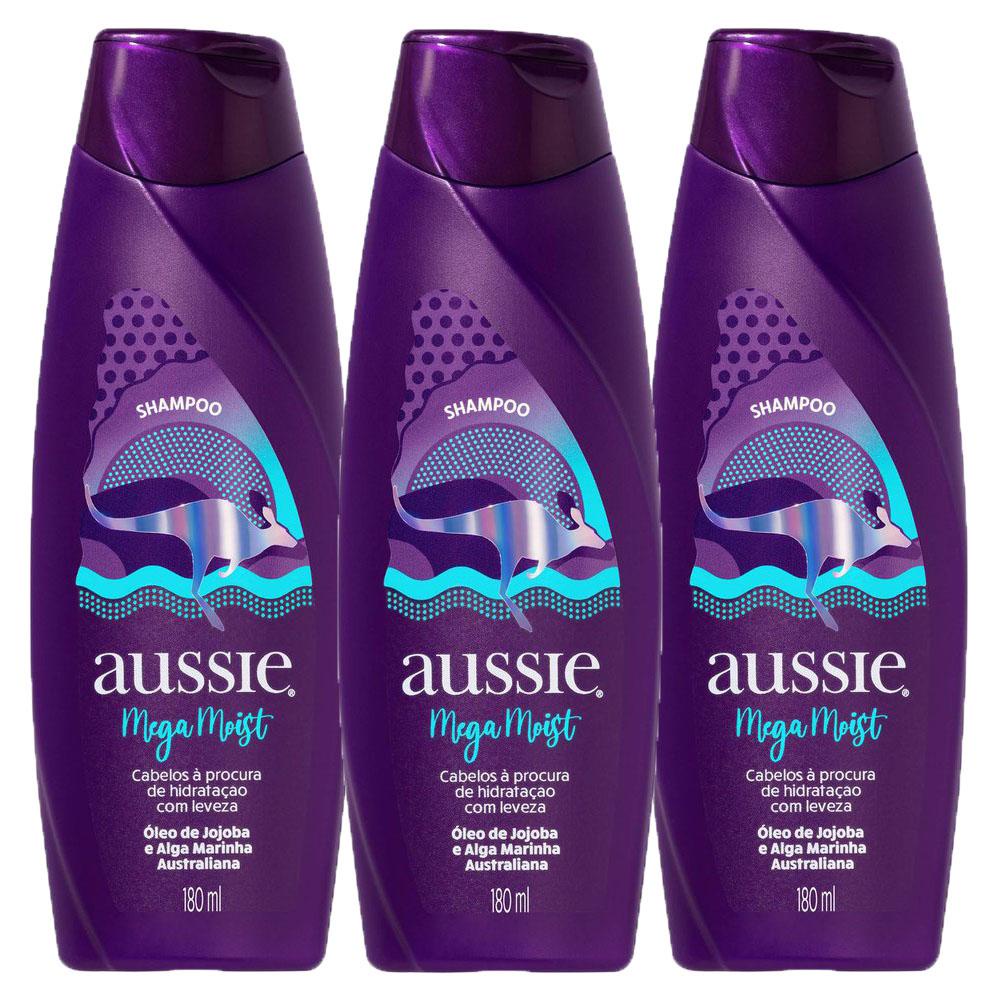 Kit 3 Shampoos Aussie Mega Moist - Super Hidrata??o 180ml 1 Kit com 3 Shampoos Aussie Mega Moist Super Hidratação 180ml