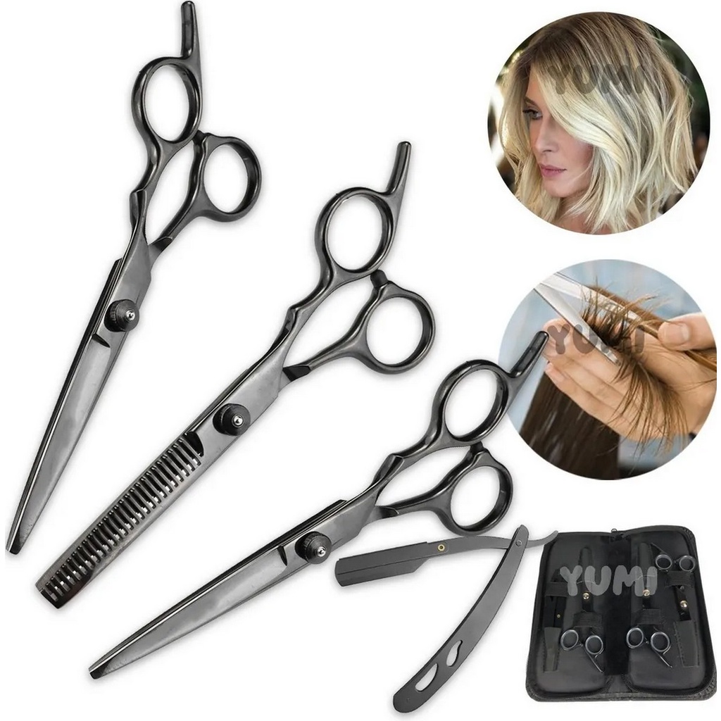 Kit 3 Tesouras Profissional Cabeleireiro Barbeiro + Navalha + Case Promo??o 1 Kit 3 Tesouras Profissional Cabeleireiro Barbeiro + Navalha + Case Promoção Cabelo Barba
