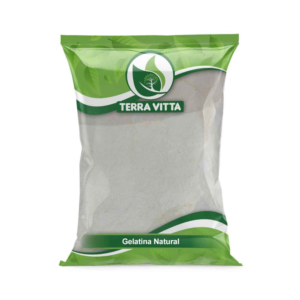 Pacote de Gelatina Natural Pó Pura 250 BLOOM de 250g, com rótulo simples e transparente, destacando sua pureza e força BLOOM, pronto para uso culinário ou suplementar.