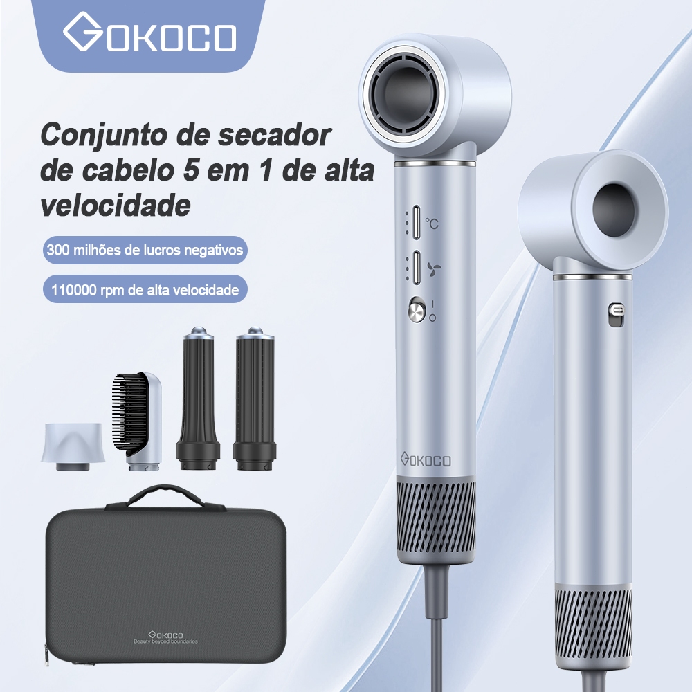 Secador de Cabelo Gokoco S1 Pro 5 em 1 - Alisa, Enrolla e Seca 1 GOKOCO Secador De Cabelo Com 5 Em 1 GD023 Escova Magnético Multifuncional De Alta Velocidade Com Alisar Enrolar Hot Air