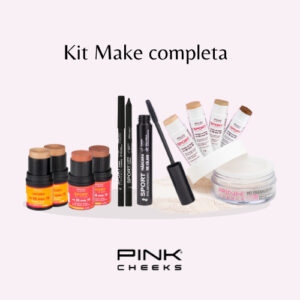 Kit Make Essencial Pink Cheeks: corretivo, pó translúcido, blush 3 em 1, iluminador lápis e máscara