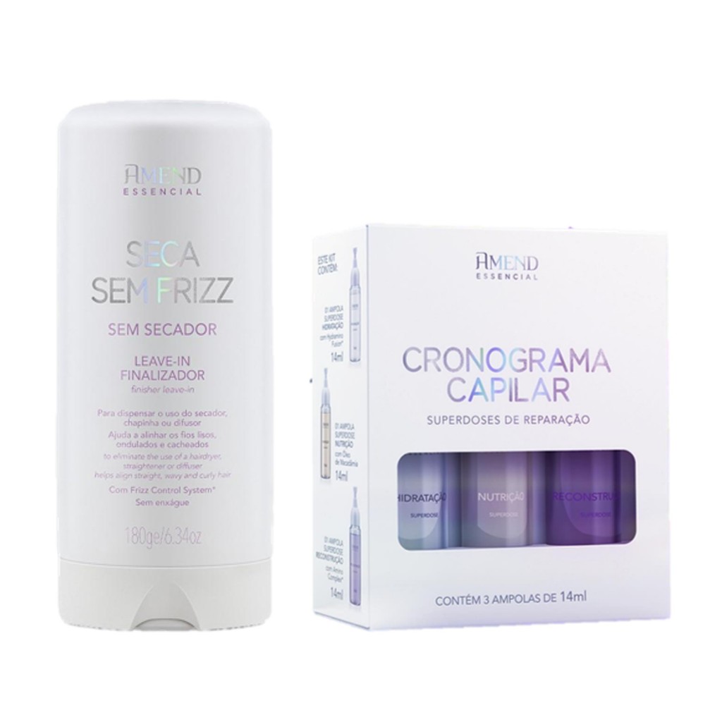 Kit Amend Essencial: Frizz Zero + Cronograma Capilar 1 Amend KIT Seca Sem Frizz Leave-in 180g + Cronograma Capilar com 3 Ampolas de 14ml