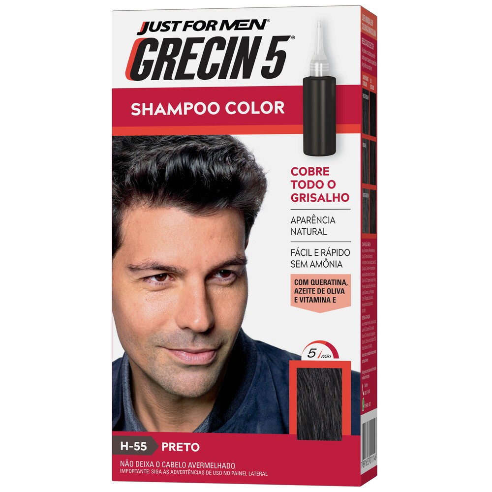 Shampoo Tonalizante Preto Grecin 5 - Cobre Grisalhos 1 Grecin 5 Shampoo Tintura Tonalizante Preto H-55 60ml - Cobre os cabelos grisalhos em 5 minutos.