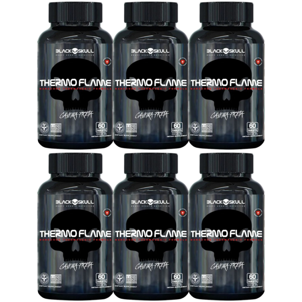 Kit 6 Thermo Flame Black Skull - Termogênico 60 Tabletes 1 Kit 6 Unidades Thermo Flame 60 Tabletes Cada - Black Skull