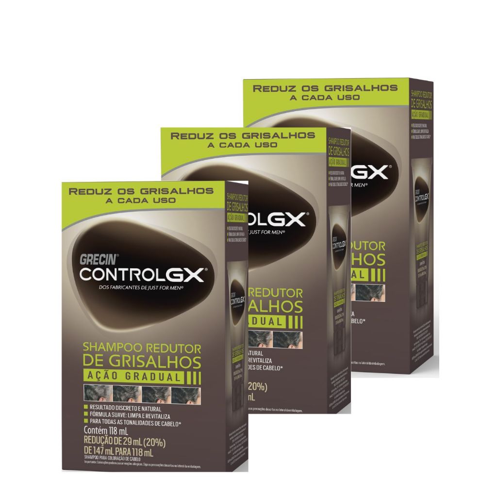 Shampoo Redutor Gradual Grecin Control GX 1 Kit 3x unid. - Grecin Control GX Shampoo Redutor Gradual de Grisalhos 118ml - Para todos os tipos e natural de cabelo.