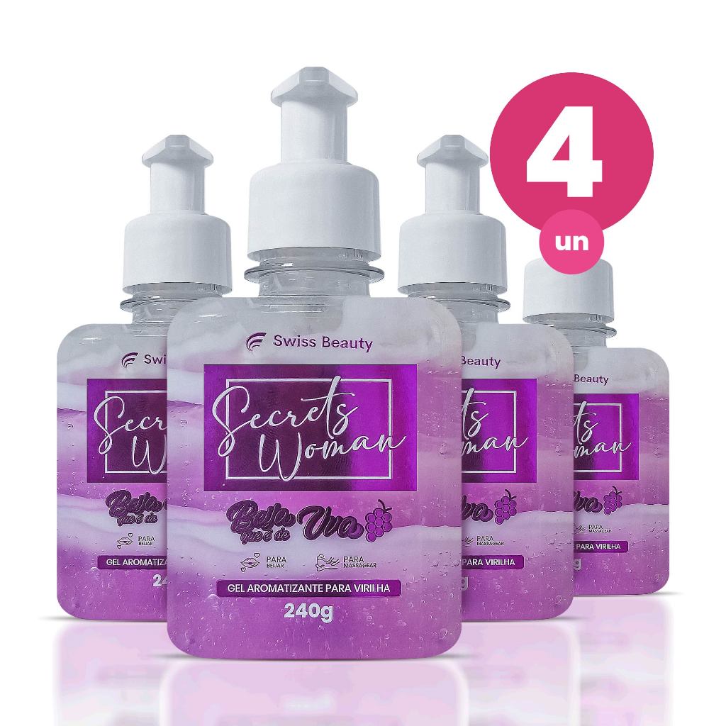 Kit 4 Géis Aromatizantes Beijáveis Íntimos Sabor Uva e 1 Creme para Saúde e Cuidado Vaginal 240g da marca Swiss Beauty Belkit, mostrando as embalagens dos produtos em um fundo claro, destacando a cor roxa da uva e a embalagem do creme.