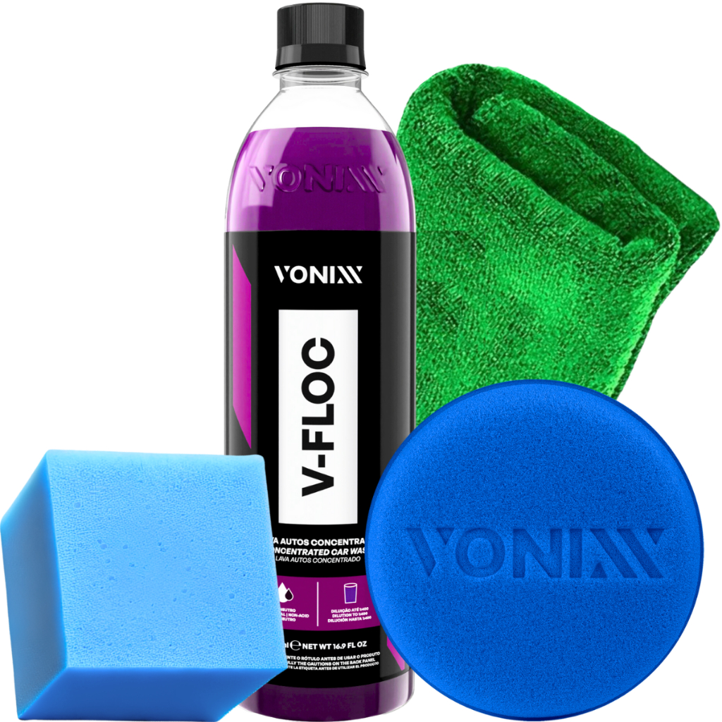 Kit Lavagem Automotiva V-Floc 500ml + Pano e Aplicador Vonixx 1 V-Floc 500ml Shampoo pH Neutro Concentrado Lavagem + Pano + Aplicador