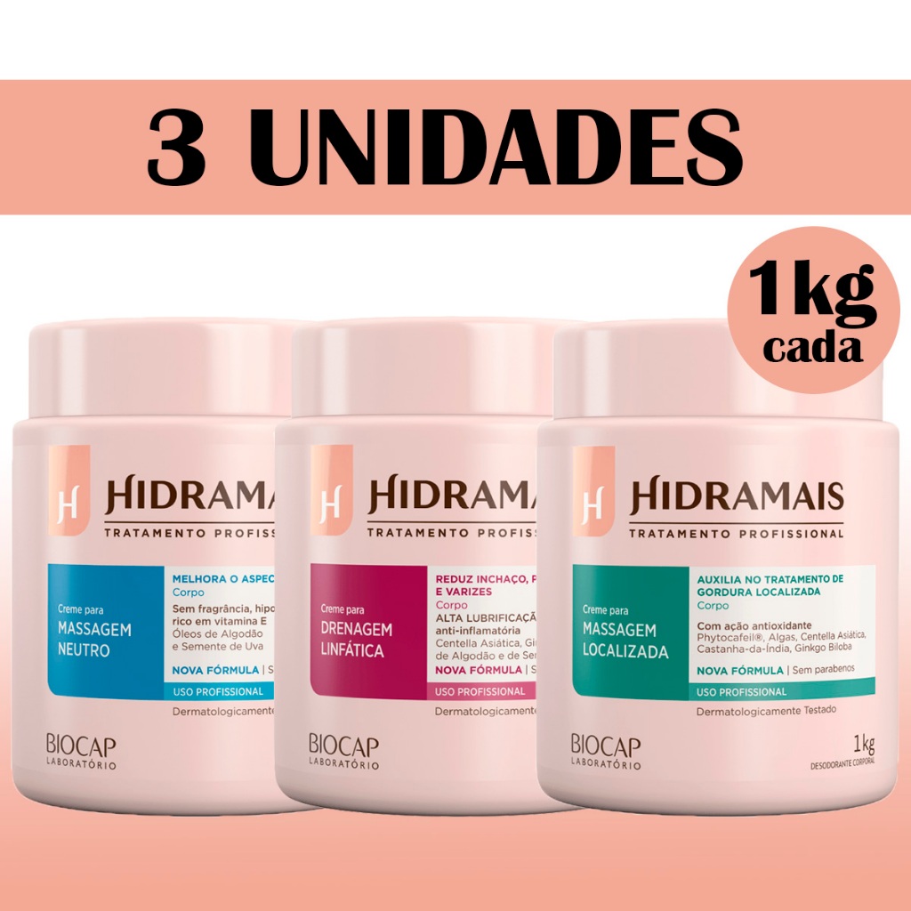Kit Hidramais: Drenagem & 1 Kit 3 Hidramais Neutro + Drenagem Linfática + Localizada 1kg