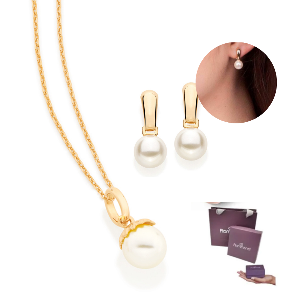 Conjunto Rommanel P?rolas: Colar, Brincos e Pingente Ouro 18k 1 Conjunto Rommanel Pérolas Colar + Pingente E Brincos Banhado Ouro 18k