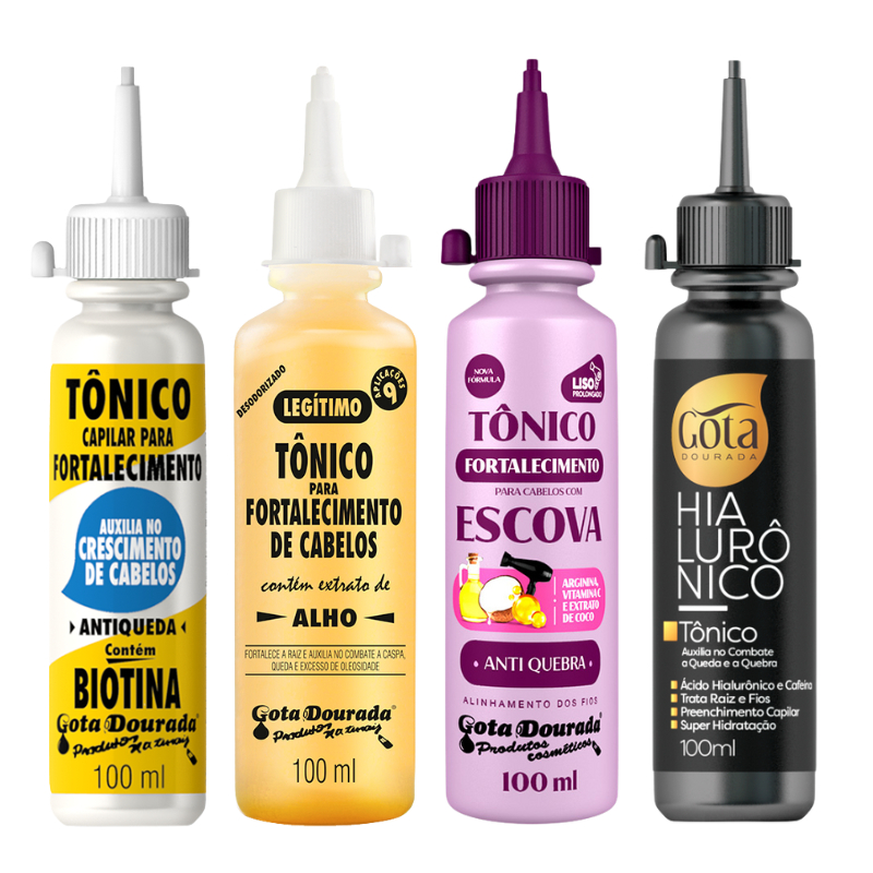 Kit T?nicos Capilares Gota Dourada - Crescimento, Hidrata??o e Fortalecimento 1 Kit Tônicos Capilares Gota Dourada - Tradicional, Hialurônico e Escova e Biotina