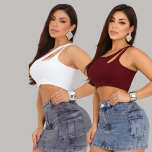 Kit Saia Jeans Cargo Feminina Cintura Alta C/ Lycra Stillger