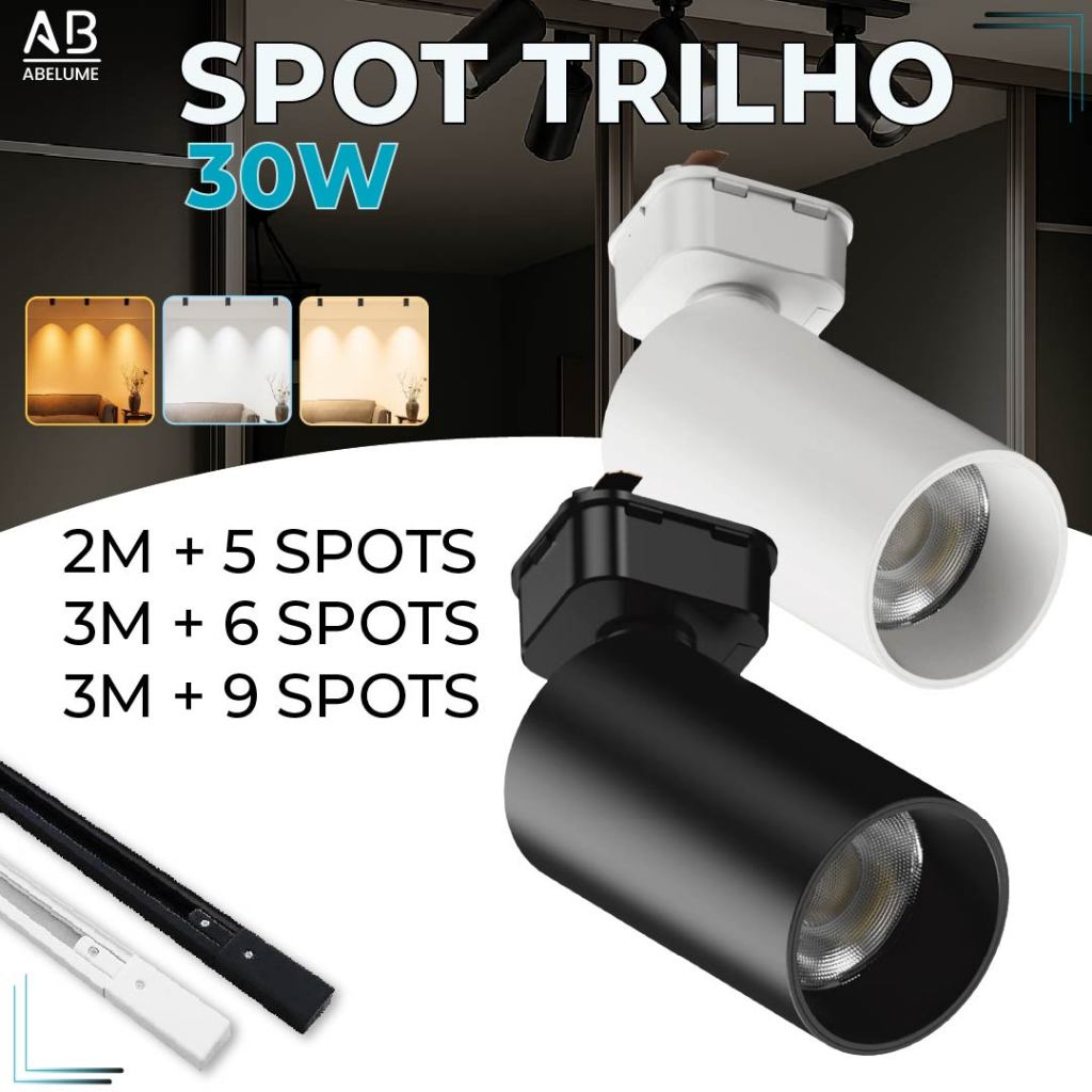 Kit Trilho Spot LED 30W Eletrificado Bivolt - V?rias Cores 1 Trilho Spot LED para trilho eletrificado + Trilho + Conector Branco ou Preto 30W 360° Luz Fria, Neutra e Quente Bivolt
