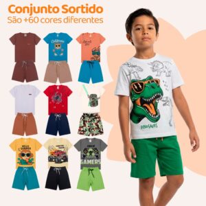 Kit Sortido 8 Peças de Roupas Infantil Menino 4 Camisetas + 4 Bermudas - Kit com 4 Conjuntos de Roupa Infantil Menino