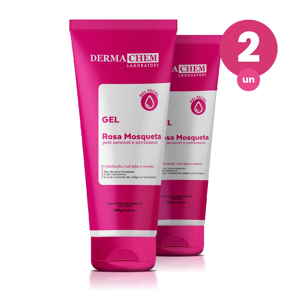 Kit 2 Gel Facial Antiressecamento Rosa Mosqueta Dermachem - Pele Ressecada 1 Kit 2 Gel Facial Antiressecamento Rosa Mosqueta 100g Dermachem