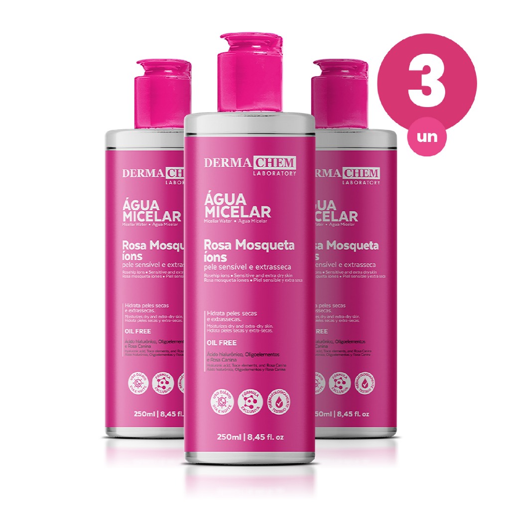 Kit 3 ?gua Micelar Rosa Mosqueta Dermachem - Limpeza, Hidrata??o e Renova??o 1 Kit 3 Água Micelar Rosa Mosqueta 250ml Dermachem