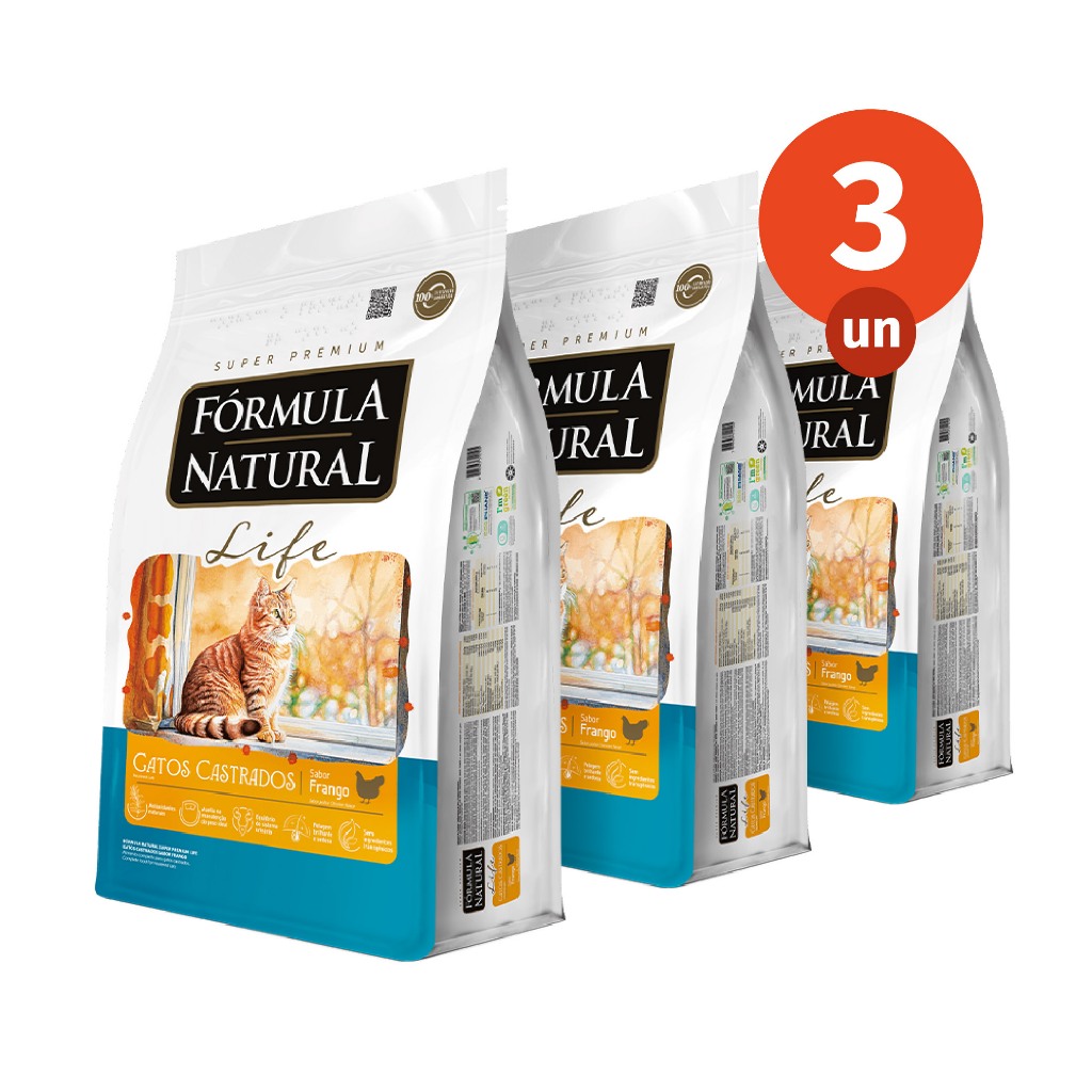 Ração Fórmula Natural Life Gatos Castrados 3kg - Frango 1 Embalagem de 3kg da Ração Fórmula Natural Life para Gatos Castrados sabor Frango, destacando o selo 'Life' e a imagem de um gato saudável, com informações sobre ingredientes naturais, controle de peso e saúde urinária.