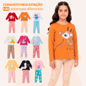 Kit Sortido 4 Peças de Roupas Feminino Infantil Inverno e Meia Estação  2 camisas manga longa + 2 calças legging