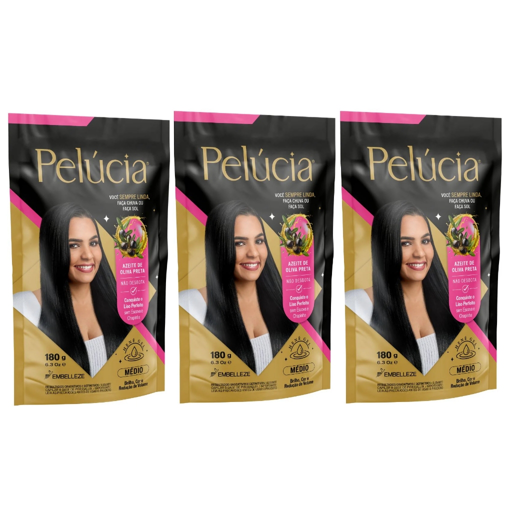 Kit Alisante Hen? Pel?cia Preto 3 Unidades 1 Kit Alisante Henê Gel Pelúcia Médio Pouch 180g Embelleze - 3 Unidades