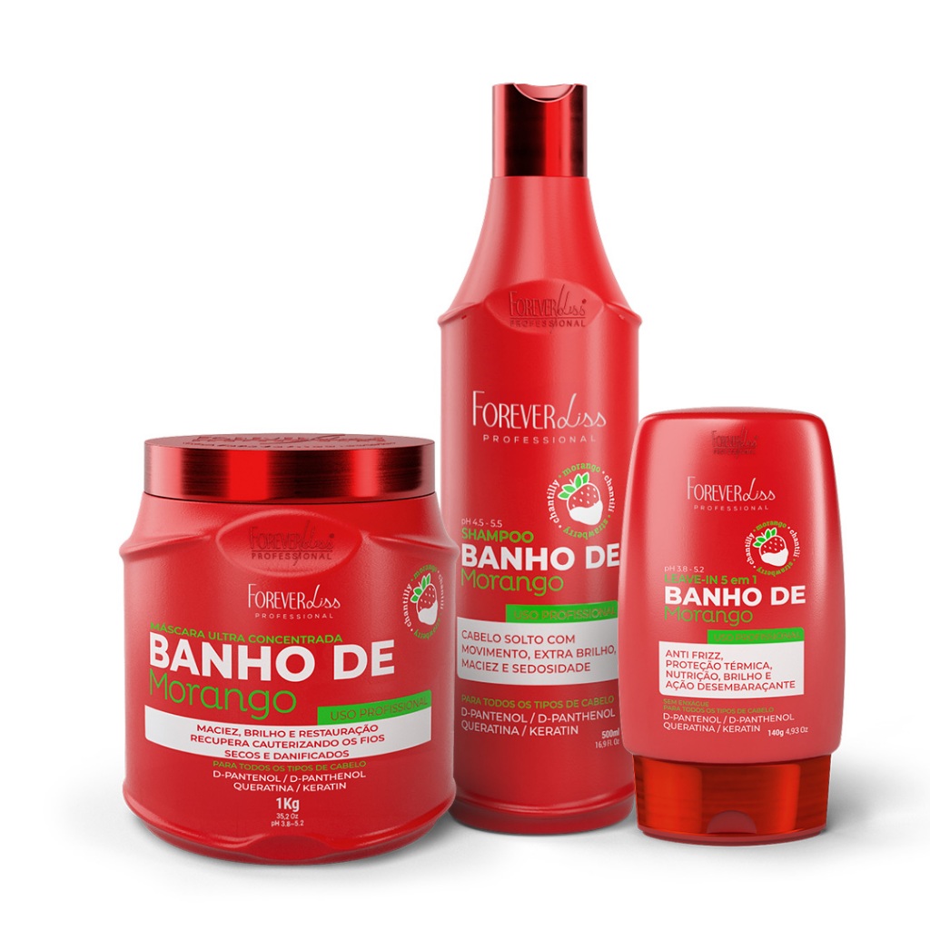Kit Banho de Morango Forever Liss - Brilho Extremo 1 Kit Banho De Morango Profissional Brilho Extremo Forever Liss