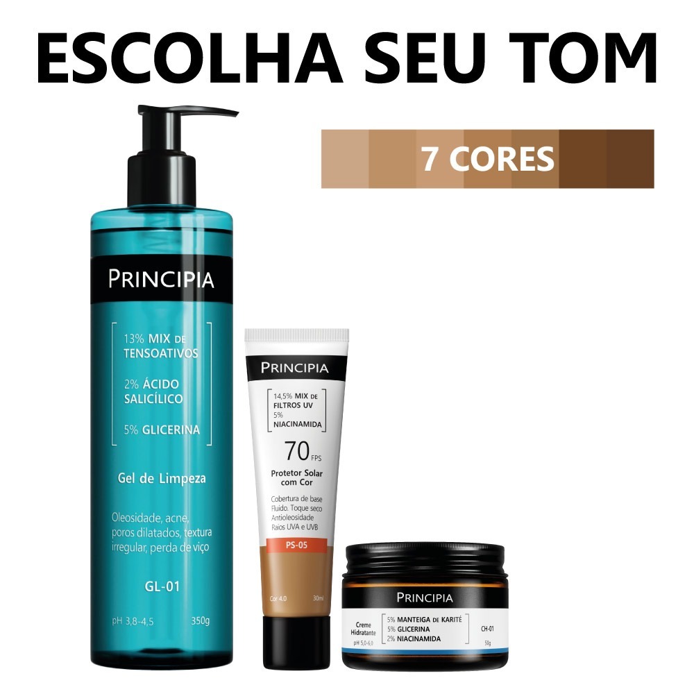 Kit Facial Princ?pia: Limpa, Hidrata e Protege 1 Principia Kit Limpa Hidrata e Protege c/ Gel de Limpeza GL-01 + Creme Hidratante CH-01 + Protetor Cor PS-05 FPS 70