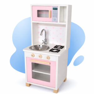 Mini Cozinha Infantil Pia Fogão Microondas Madeira Faz de Conta Chef Brinquedo Pedagógico Montessori Kit Livro Educativo