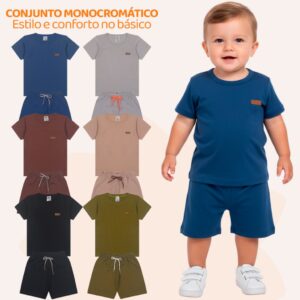 Kit 4 ou 6 Peças Conjunto Bebê Menino Neném Camiseta Bermuda Minimalista Masculino Verão Casual Algodão Liso Manga Curta