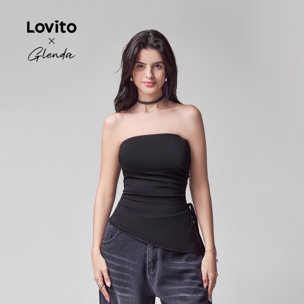 Lovito x Glenda Top Tomara que Caia Feminina Lisa Barra Assimétrica com abertura Lateral L68ED053