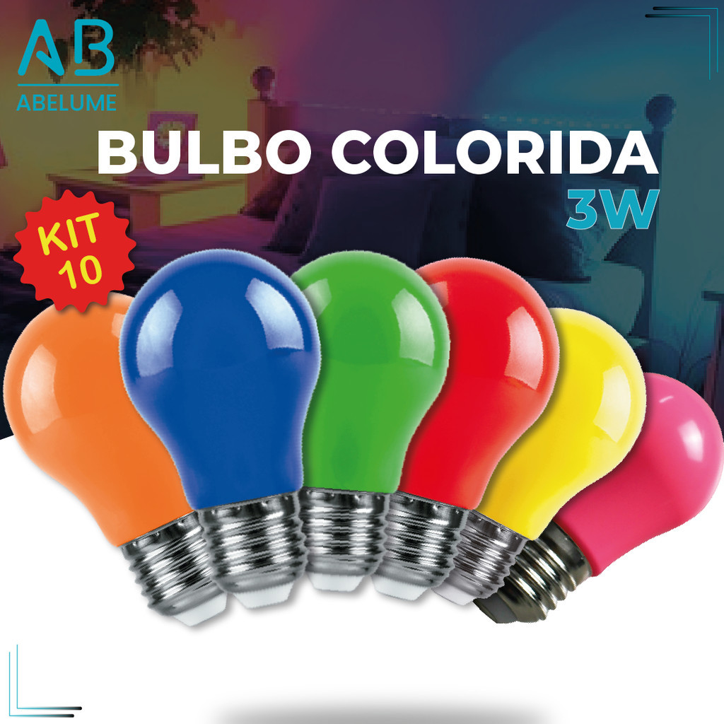Kit 10 Bulbo Led Colorido 3W Bivolt E27 110V-220V Azul | Verde | Vermelho | Amarelo | Rosa | Branco Frio | Branco Quente