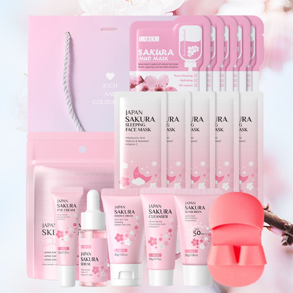 LAIKOU Jap?o Sakura Skincare Set Bloom In Radiance-Magic 1 LAIKOU Japão Sakura Skincare Set Bloom In Radiance-Magic Para Pele Hidratada E Jovem 15 Unidades